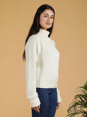 KOTTY Solid High Neck Casual Women White Sweater 