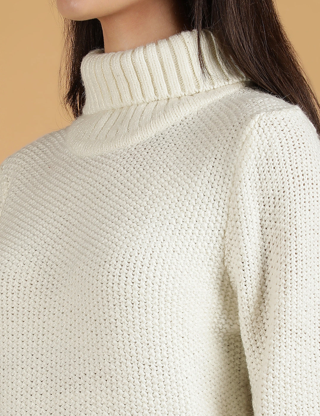 KOTTY Solid High Neck Casual Women White Sweater 