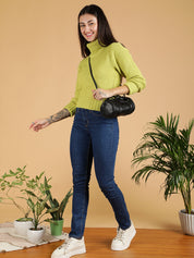 KOTTY Self Design Turtle Neck Casual Women Green Sweater 
