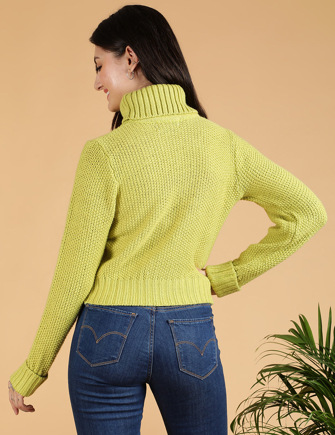 KOTTY Self Design Turtle Neck Casual Women Green Sweater 