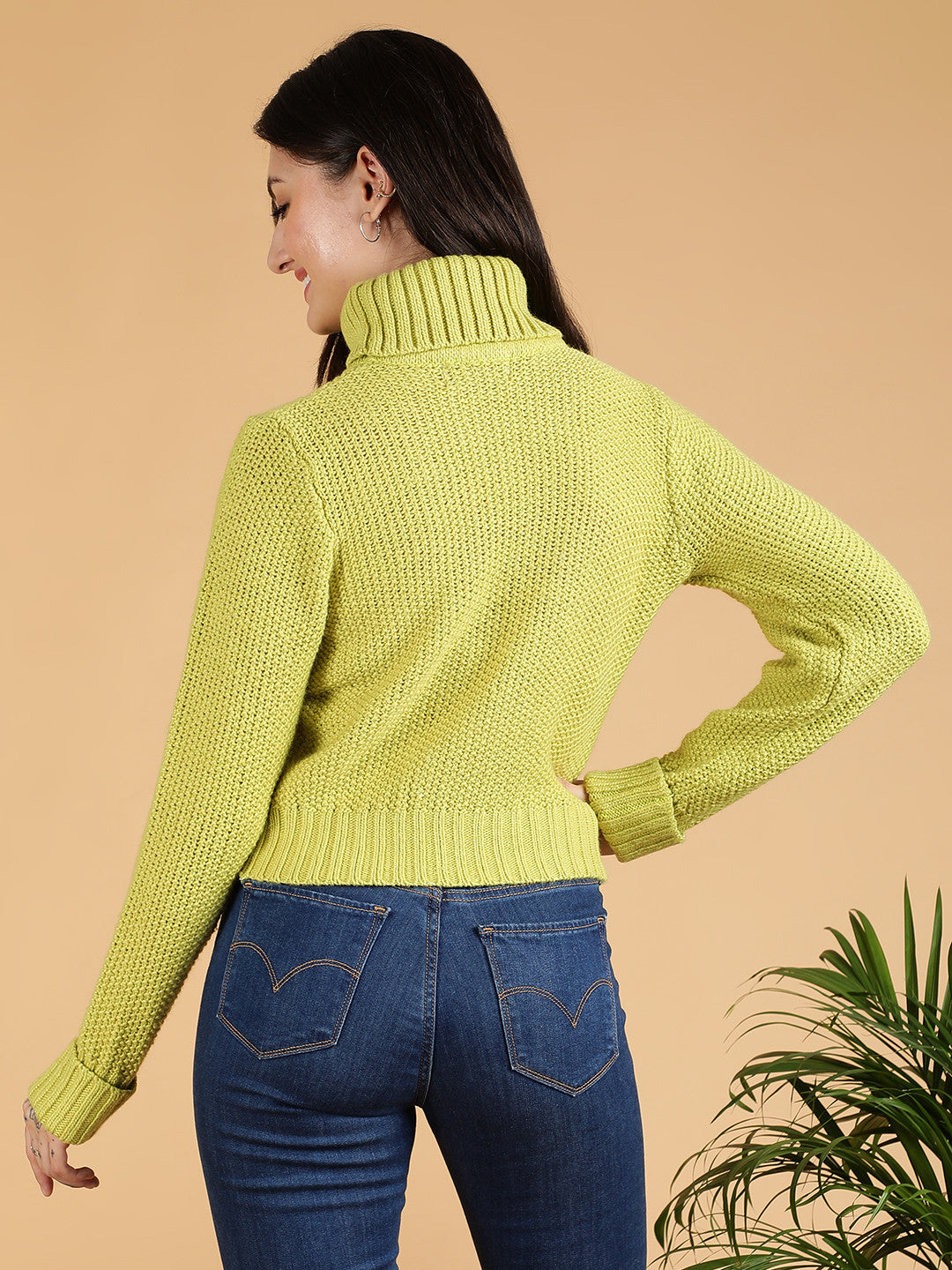 KOTTY Self Design Turtle Neck Casual Women Green Sweater 