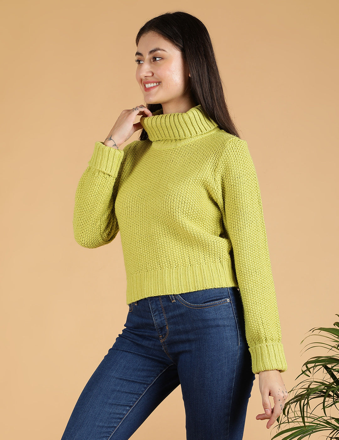 KOTTY Self Design Turtle Neck Casual Women Green Sweater 