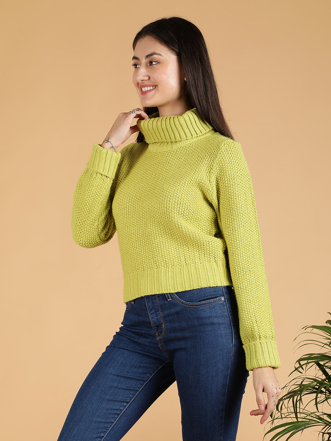 KOTTY Self Design Turtle Neck Casual Women Green Sweater 