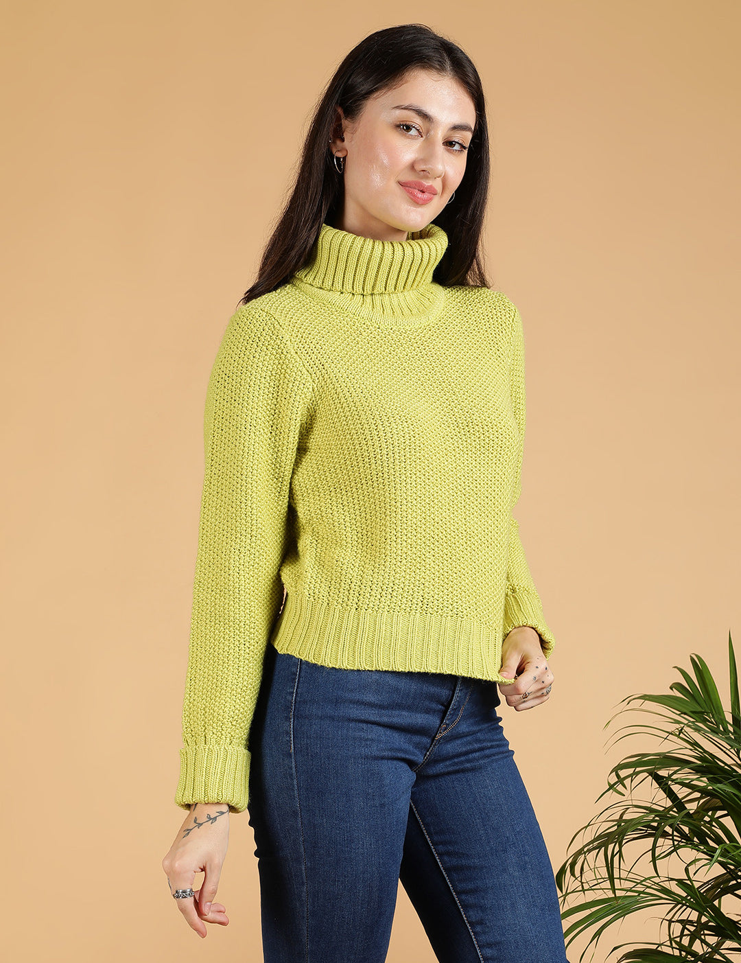 KOTTY Self Design Turtle Neck Casual Women Green Sweater 