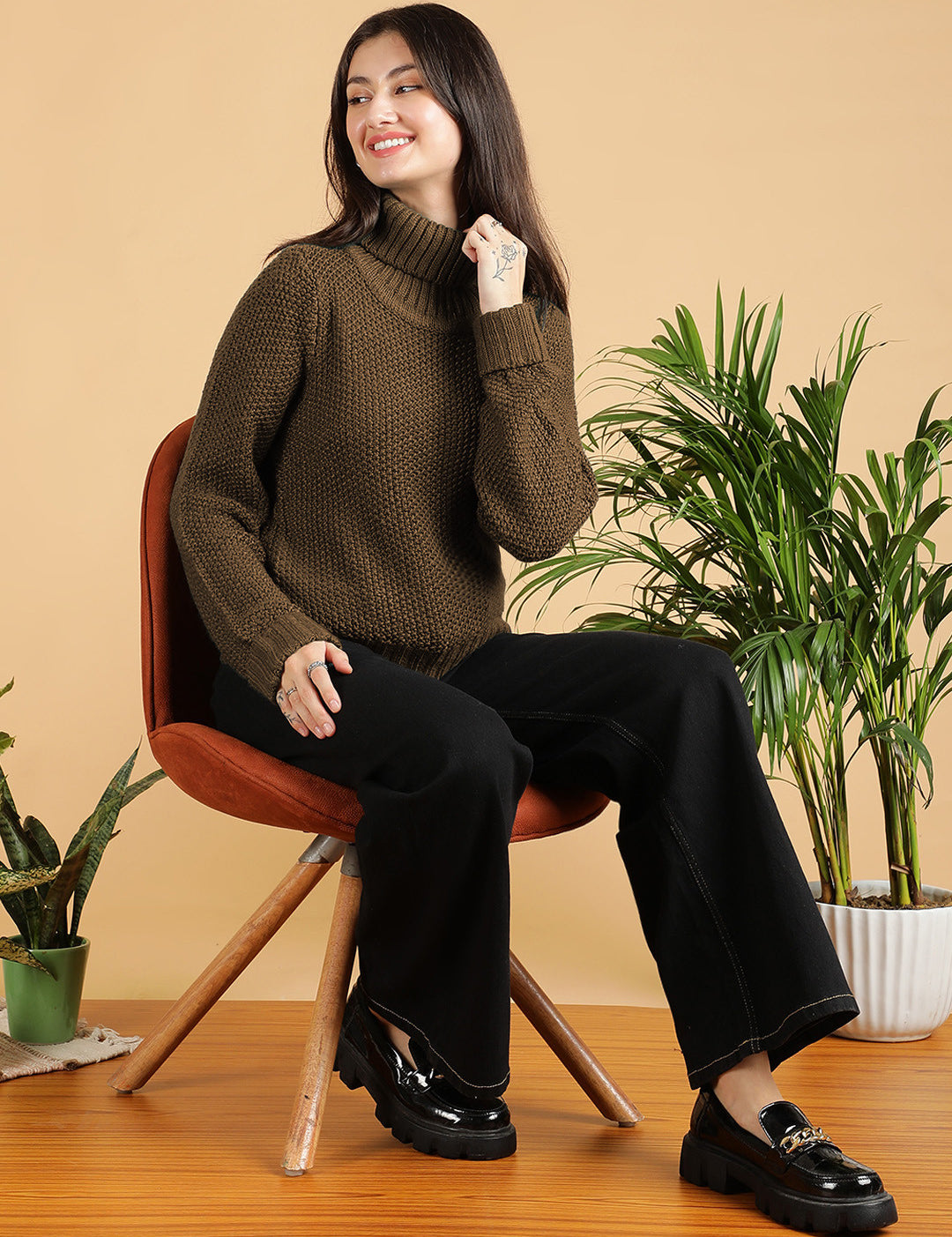 KOTTY Woven Collared Neck Casual Women Brown Sweater 