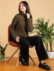 KOTTY Woven Collared Neck Casual Women Brown Sweater 