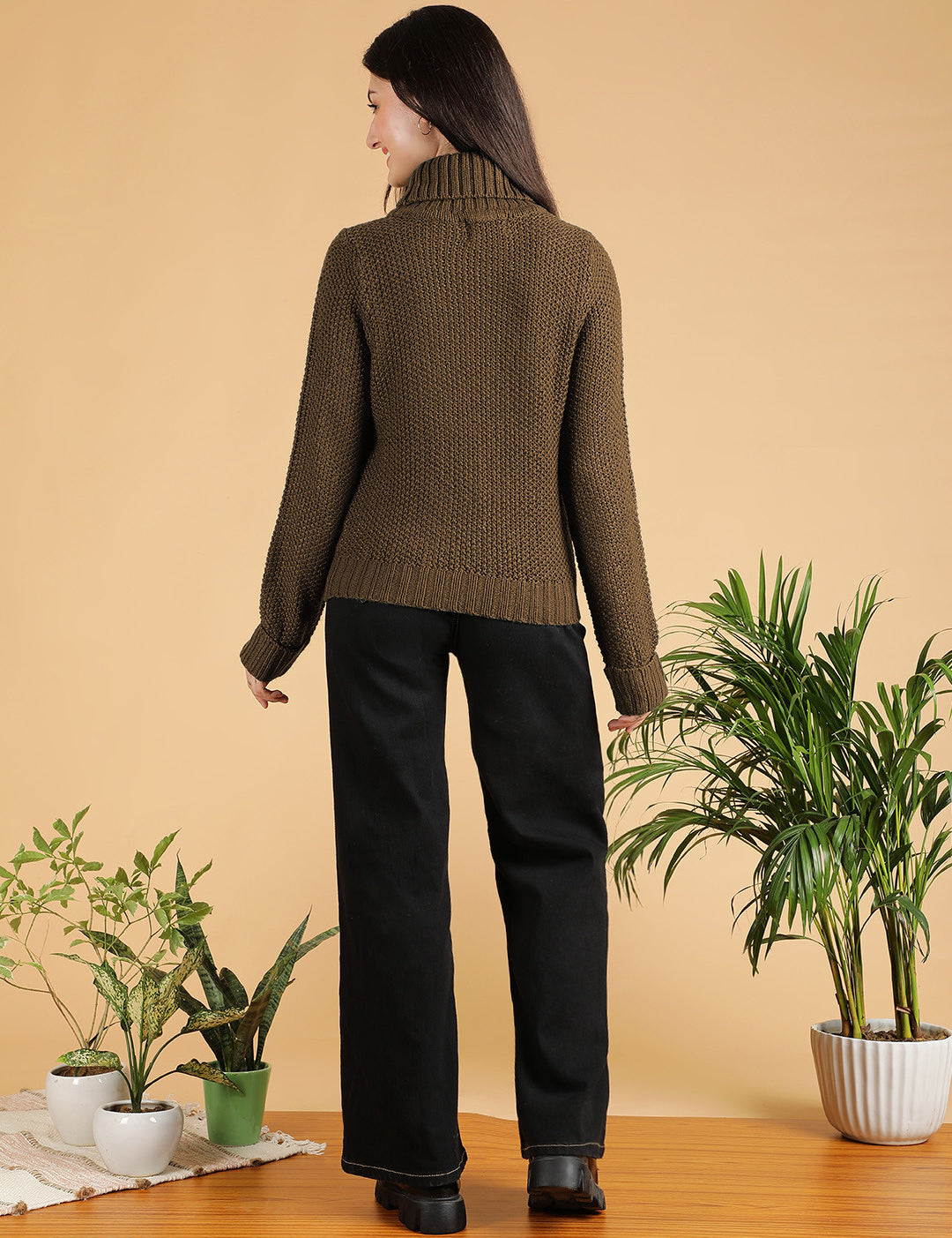 KOTTY Woven Collared Neck Casual Women Brown Sweater 