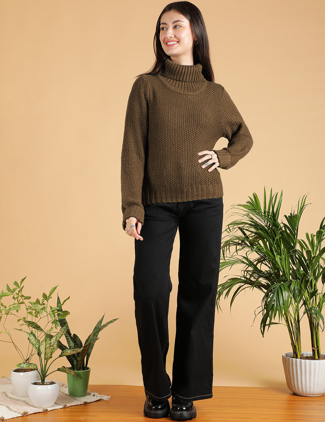 KOTTY Woven Collared Neck Casual Women Brown Sweater 