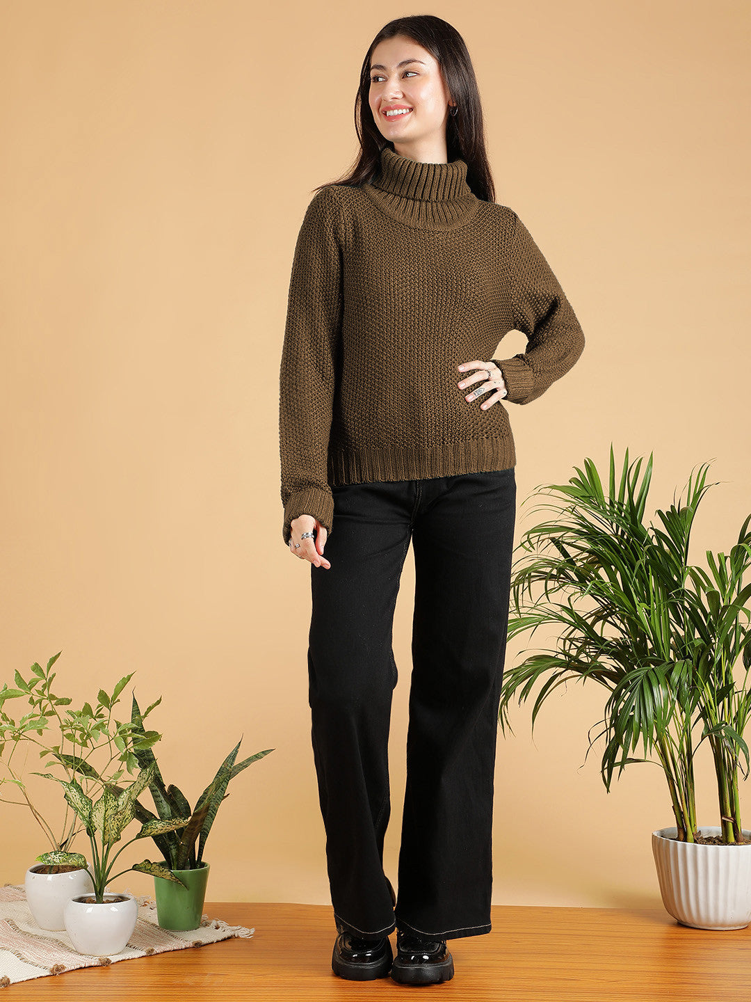 KOTTY Woven Collared Neck Casual Women Brown Sweater 