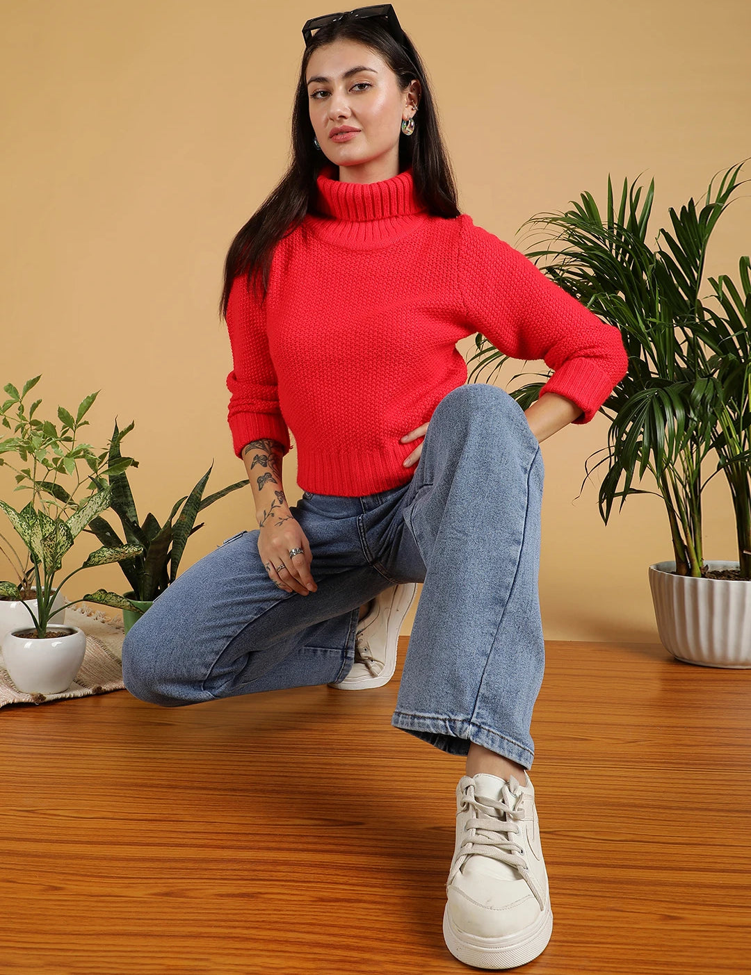 KOTTY Solid High Neck Casual Women Red Sweater 