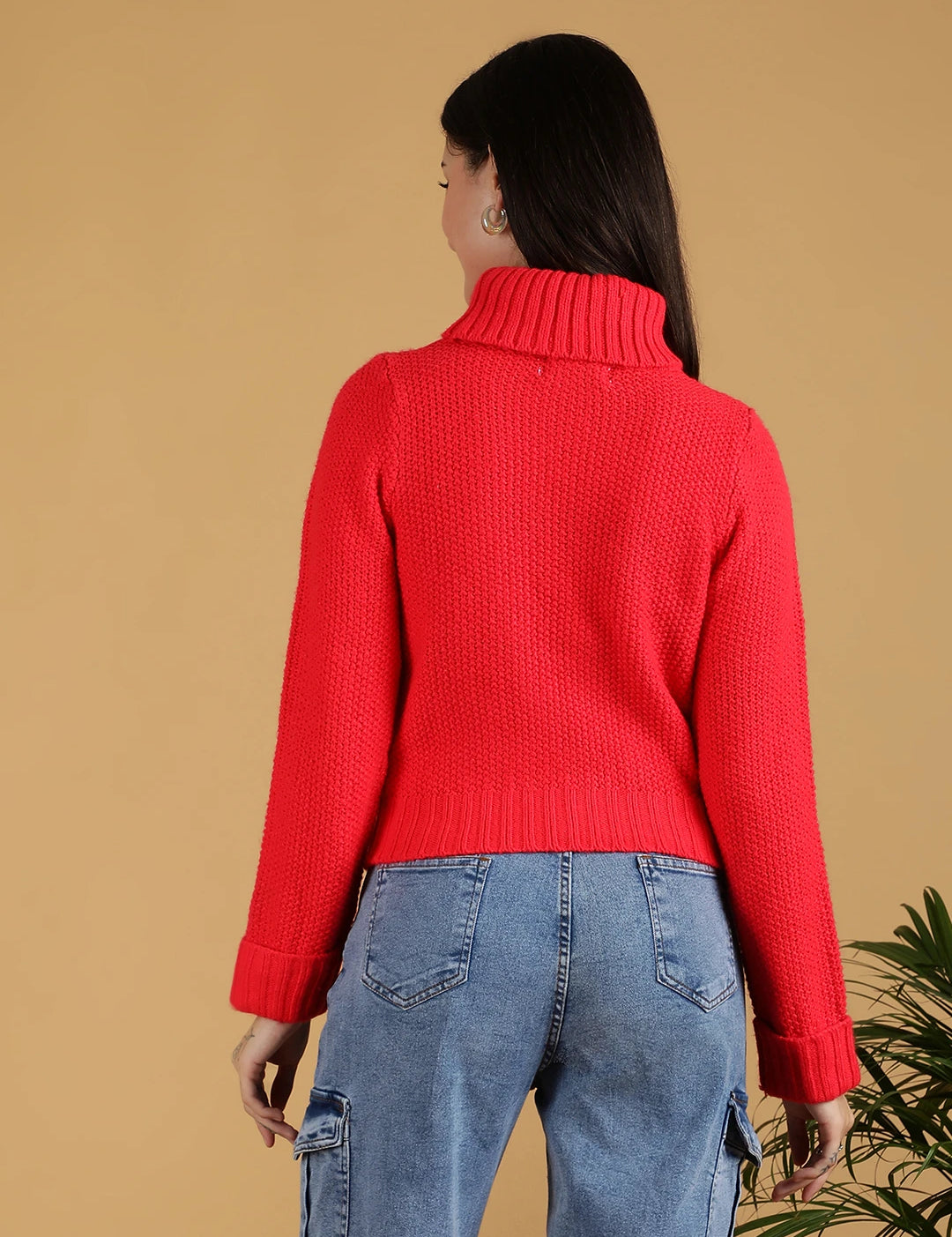 KOTTY Solid High Neck Casual Women Red Sweater 