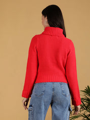 KOTTY Solid High Neck Casual Women Red Sweater 