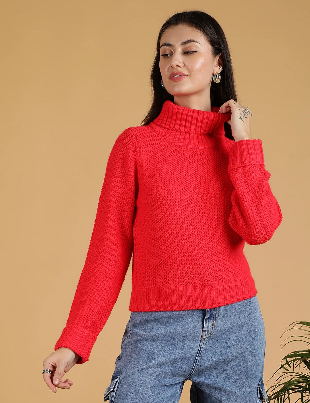 KOTTY Solid High Neck Casual Women Red Sweater 