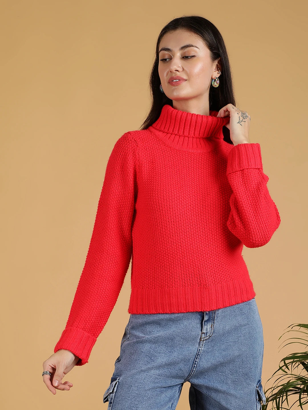 KOTTY Solid High Neck Casual Women Red Sweater 