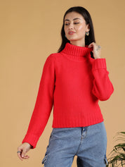 KOTTY Solid High Neck Casual Women Red Sweater 