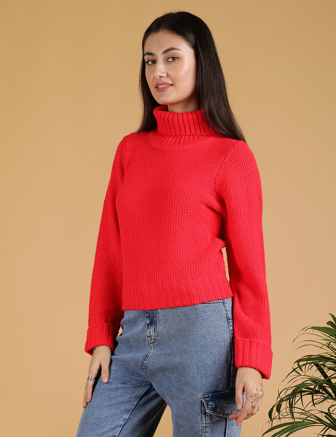 KOTTY Solid High Neck Casual Women Red Sweater 