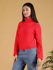 KOTTY Solid High Neck Casual Women Red Sweater 