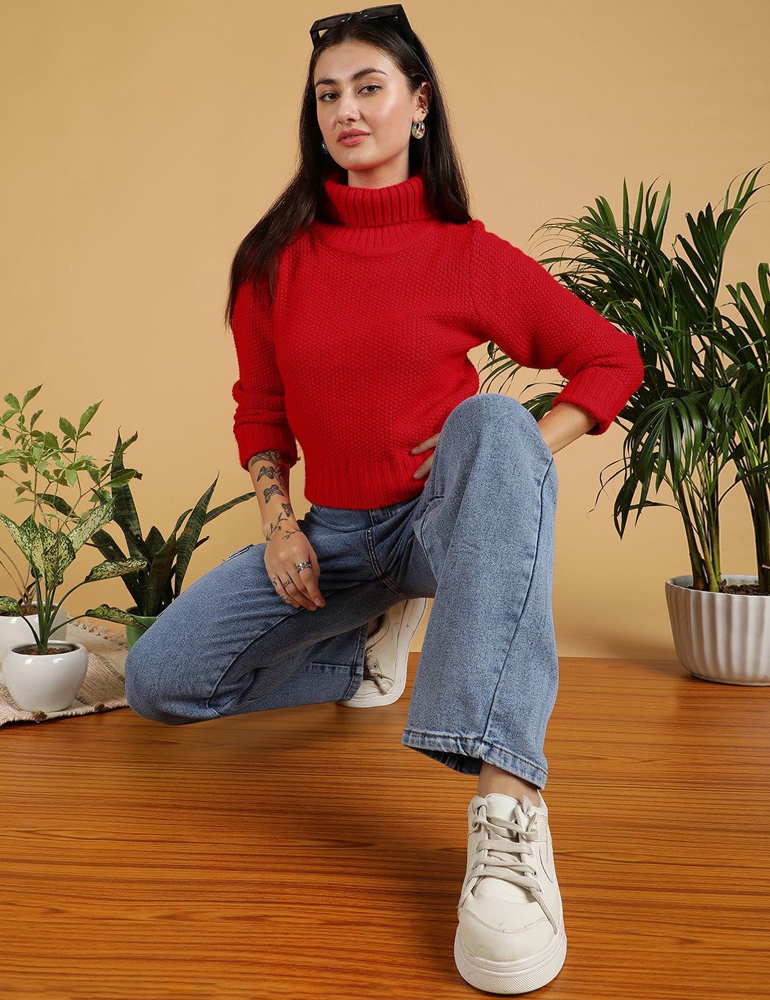 KOTTY Woven Collared Neck Casual Women Red Sweater 