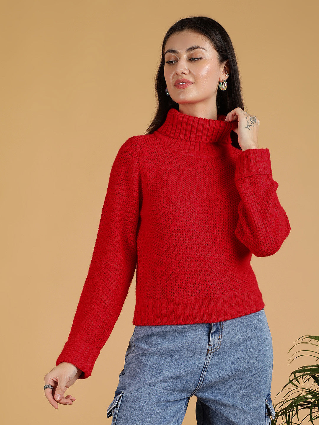 KOTTY Woven Collared Neck Casual Women Red Sweater 