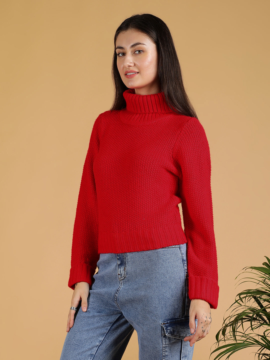 KOTTY Woven Collared Neck Casual Women Red Sweater 