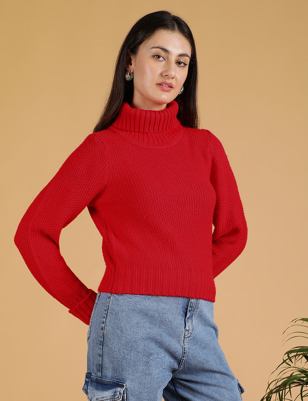 KOTTY Woven Collared Neck Casual Women Red Sweater 