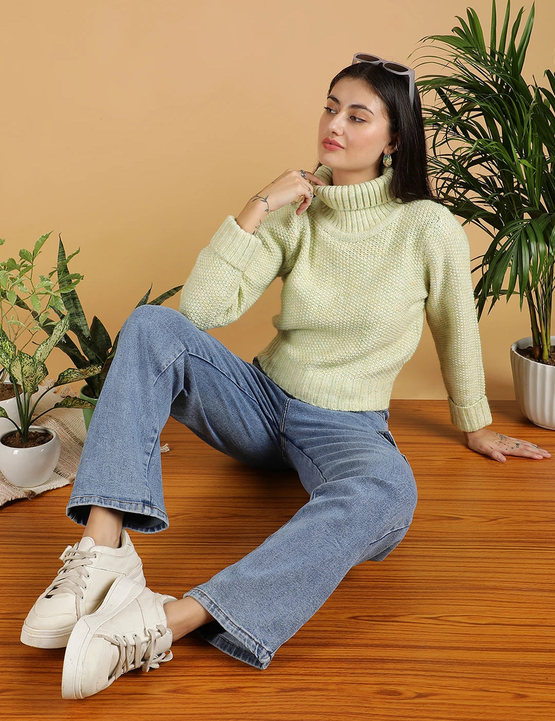 KOTTY Solid High Neck Casual Women Light Green Sweater 
