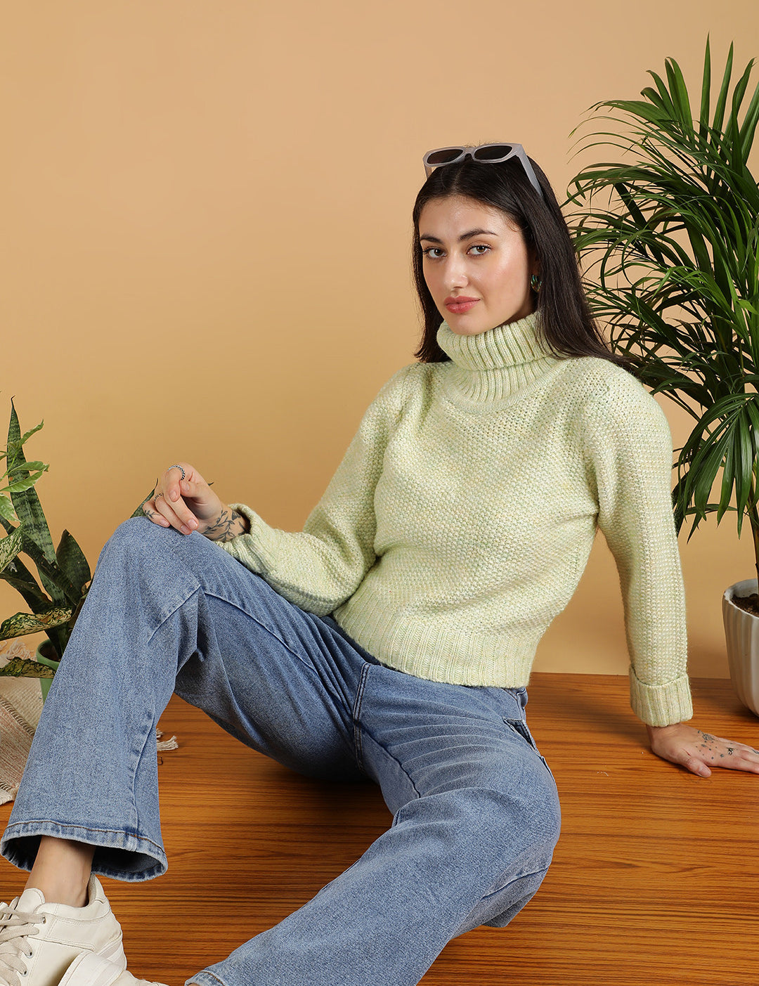 KOTTY Solid High Neck Casual Women Light Green Sweater 