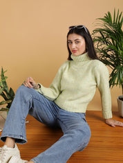 KOTTY Solid High Neck Casual Women Light Green Sweater 