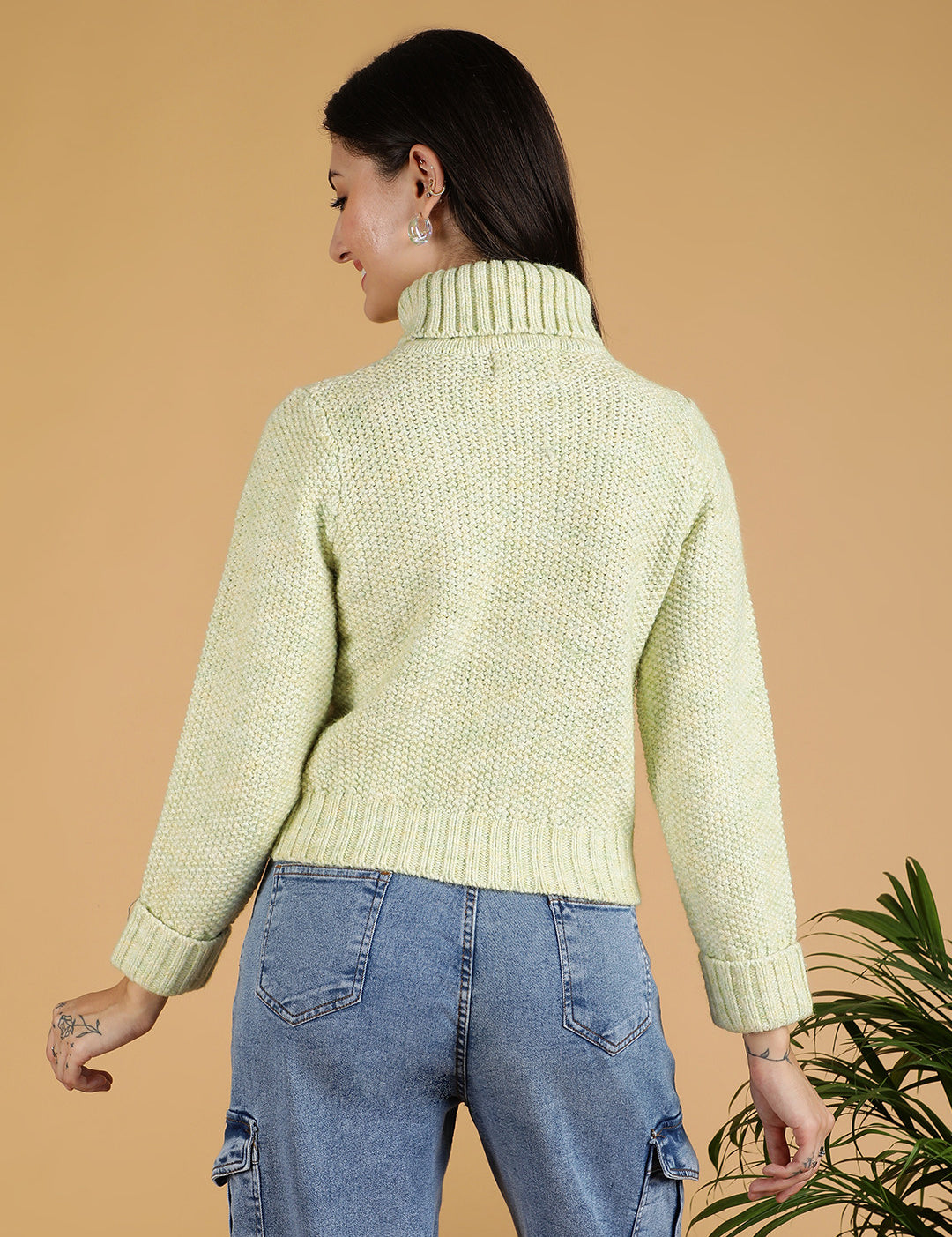 KOTTY Solid High Neck Casual Women Light Green Sweater 