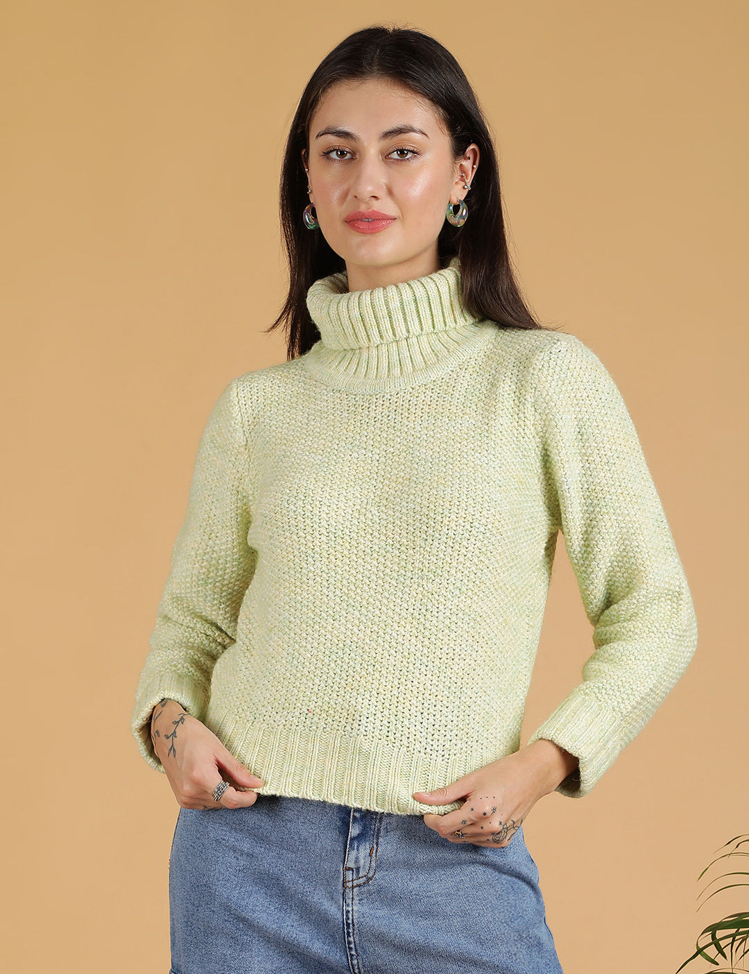 KOTTY Solid High Neck Casual Women Light Green Sweater 