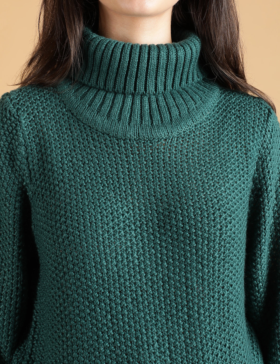 KOTTY Solid High Neck Casual Women Green Sweater 