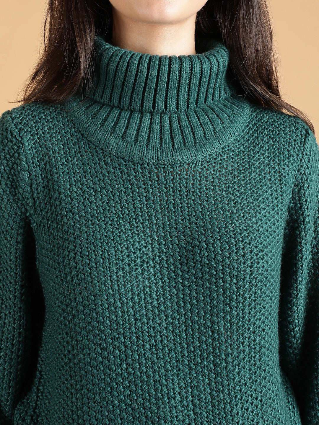 KOTTY Solid High Neck Casual Women Green Sweater 