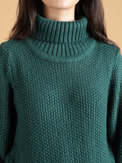 KOTTY Solid High Neck Casual Women Green Sweater 