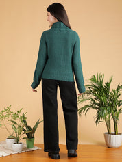 KOTTY Solid High Neck Casual Women Green Sweater 