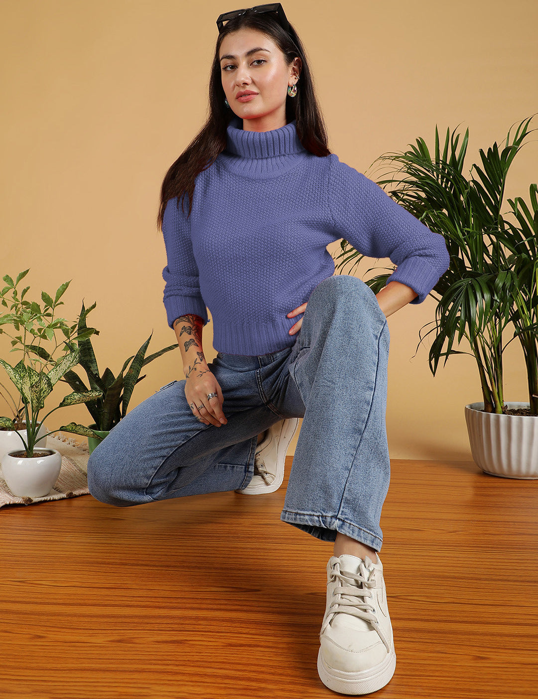 KOTTY Solid High Neck Casual Women Purple Sweater 