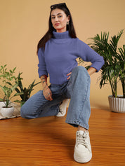 KOTTY Solid High Neck Casual Women Purple Sweater 