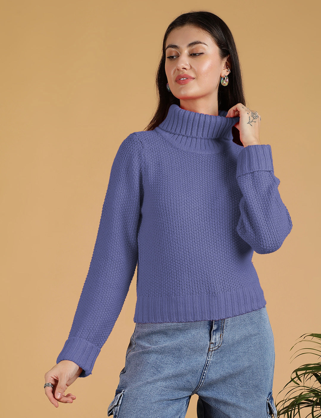 KOTTY Solid High Neck Casual Women Purple Sweater 