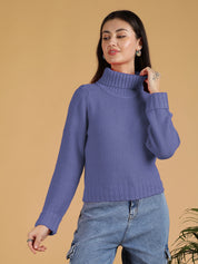KOTTY Solid High Neck Casual Women Purple Sweater 