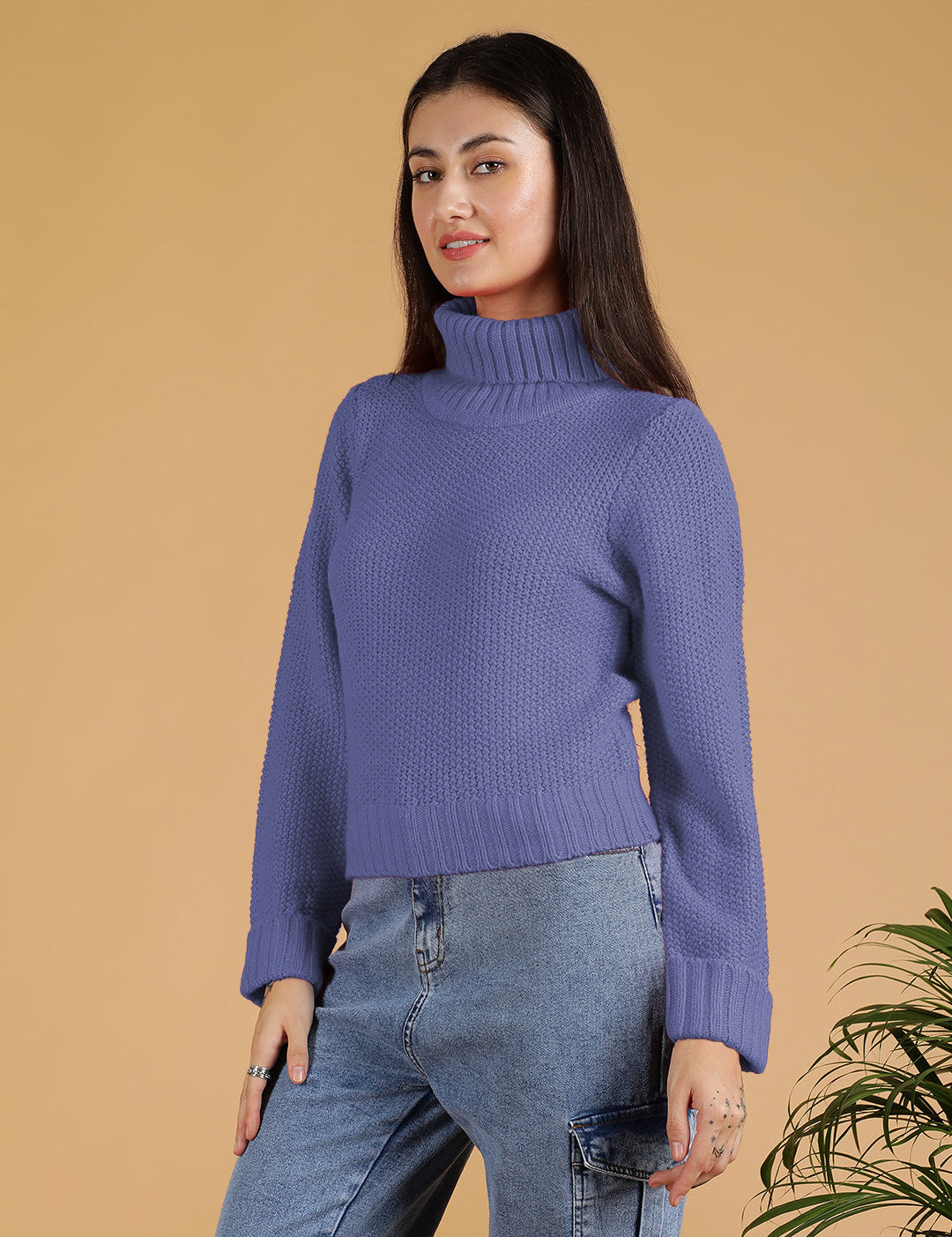 KOTTY Solid High Neck Casual Women Purple Sweater 