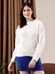 KOTTY Solid Round Neck Casual Women White Sweater 