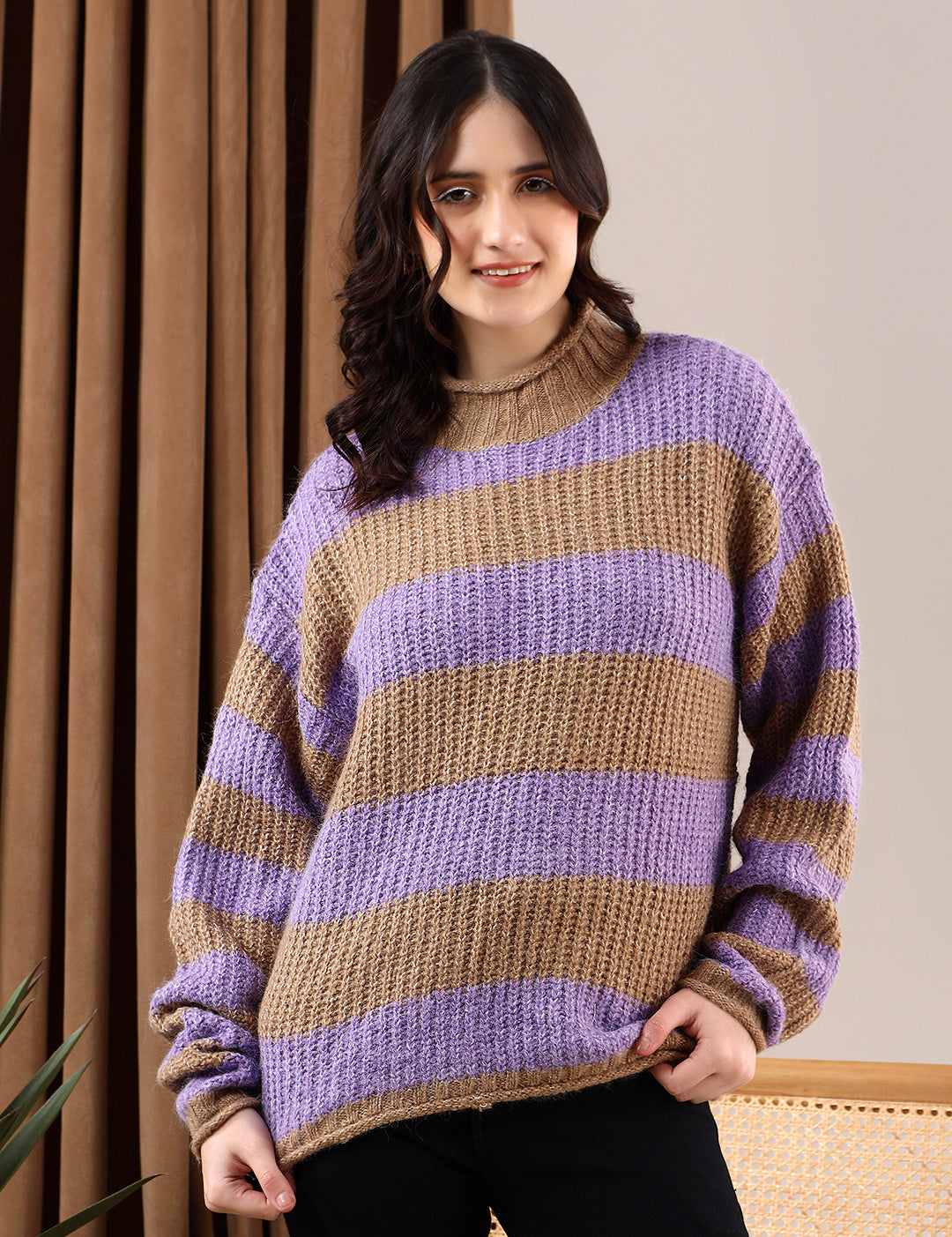 KOTTY Striped Round Neck Casual Women Multicolor Sweater 