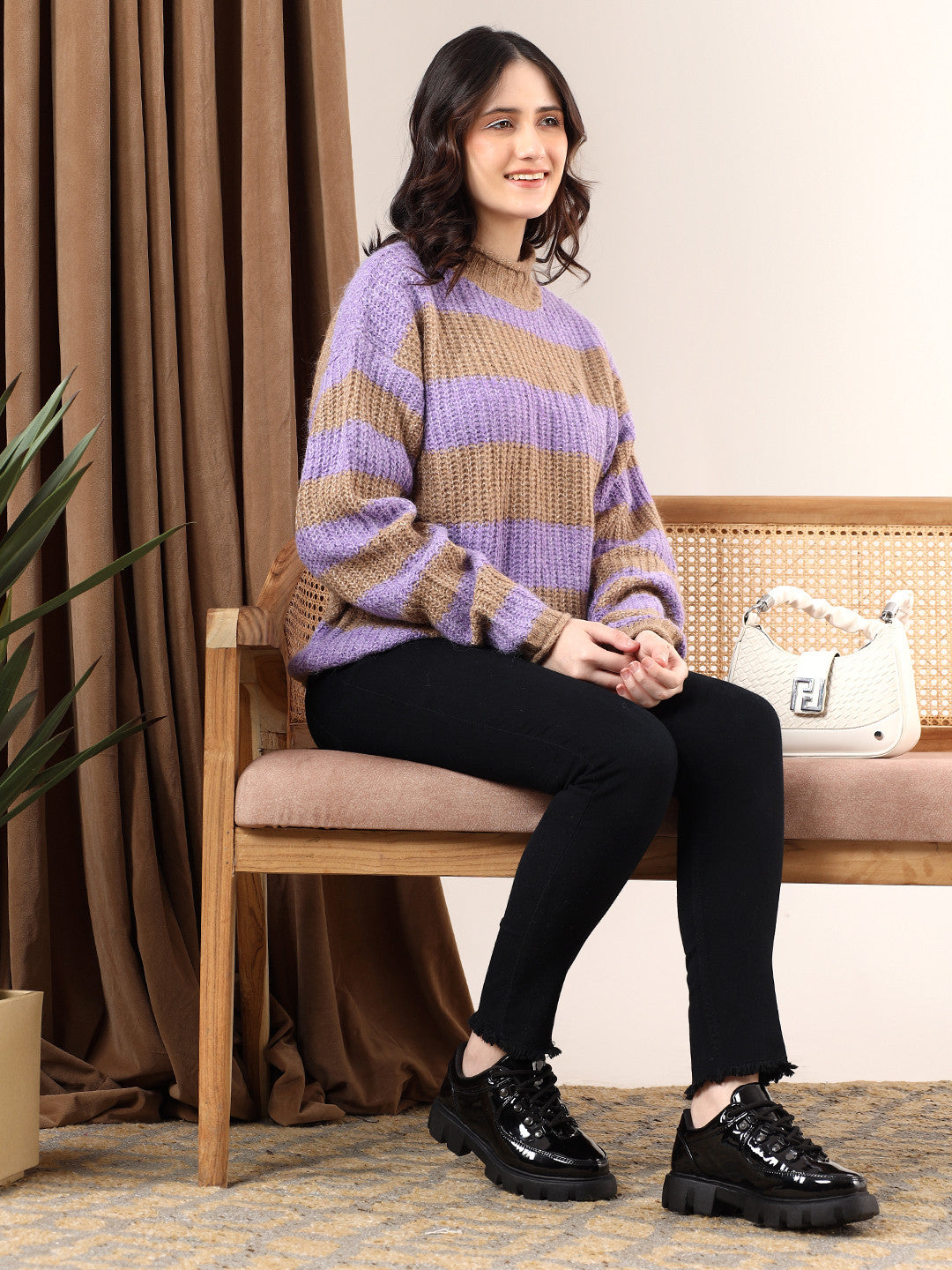 KOTTY Striped Round Neck Casual Women Multicolor Sweater 
