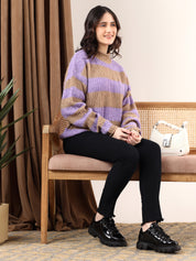 KOTTY Striped Round Neck Casual Women Multicolor Sweater 