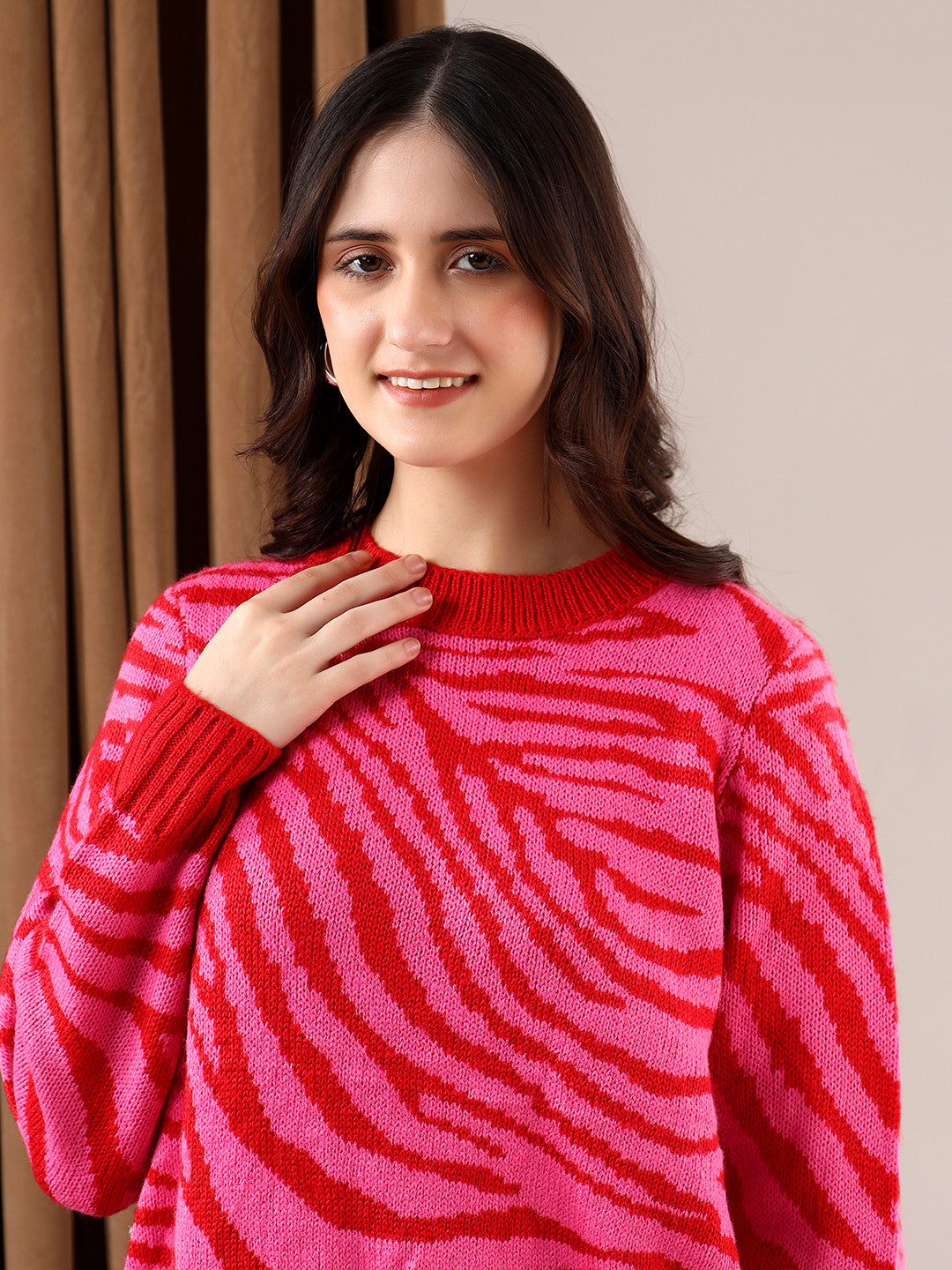 KOTTY Printed Round Neck Casual Women Multicolor Sweater 