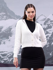 KOTTY Self Design V Neck Casual Women White Sweater 