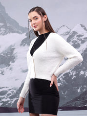KOTTY Self Design V Neck Casual Women White Sweater 