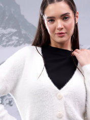 KOTTY Self Design V Neck Casual Women White Sweater 