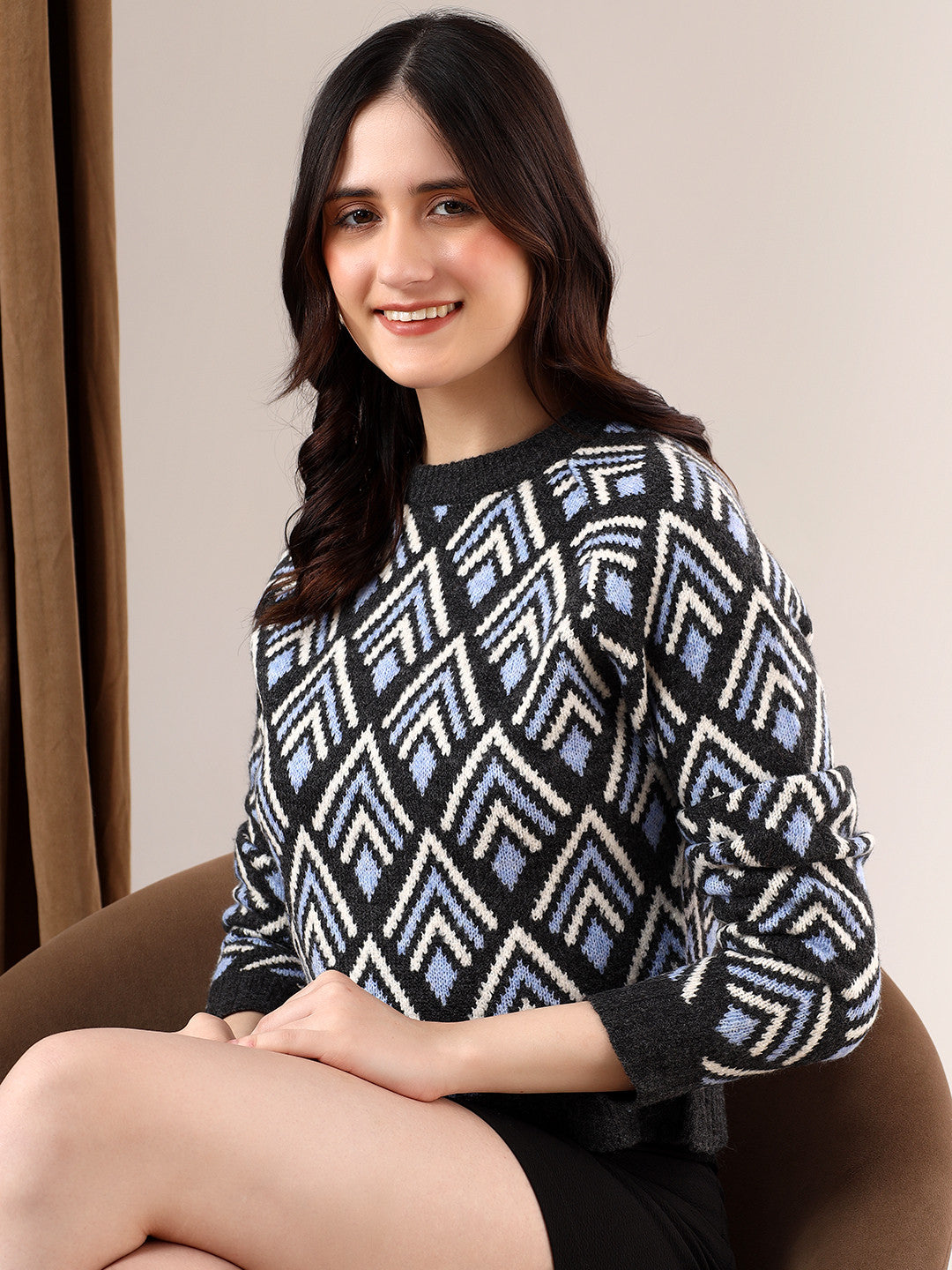 KOTTY Printed Round Neck Casual Women Multicolor Sweater 