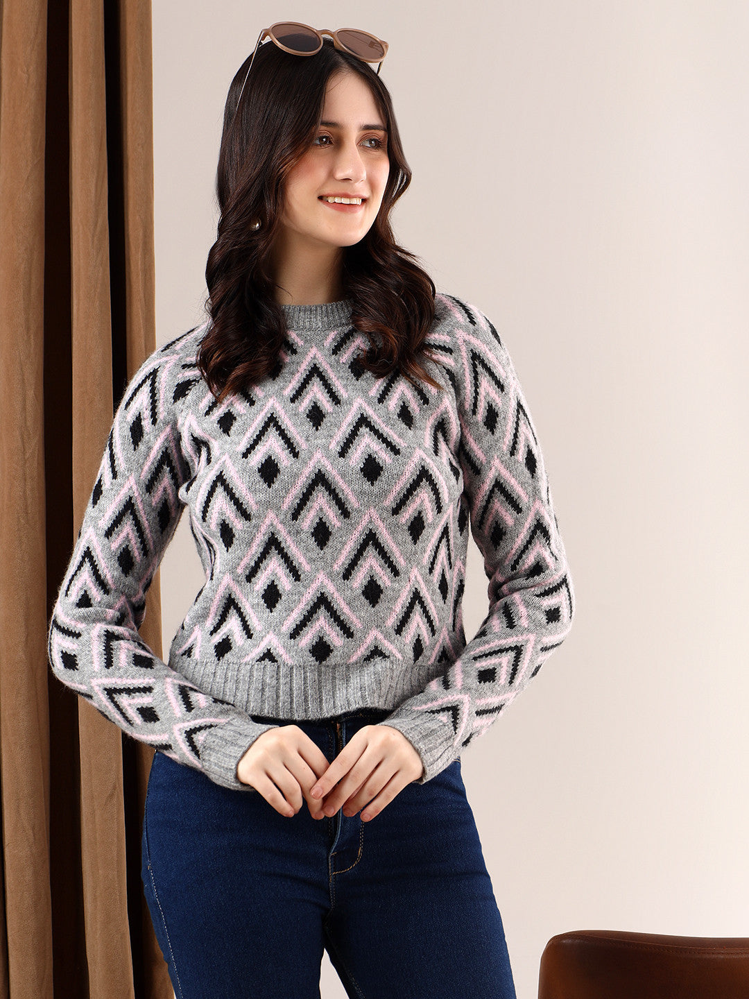 KOTTY Printed Round Neck Casual Women Multicolor Sweater 