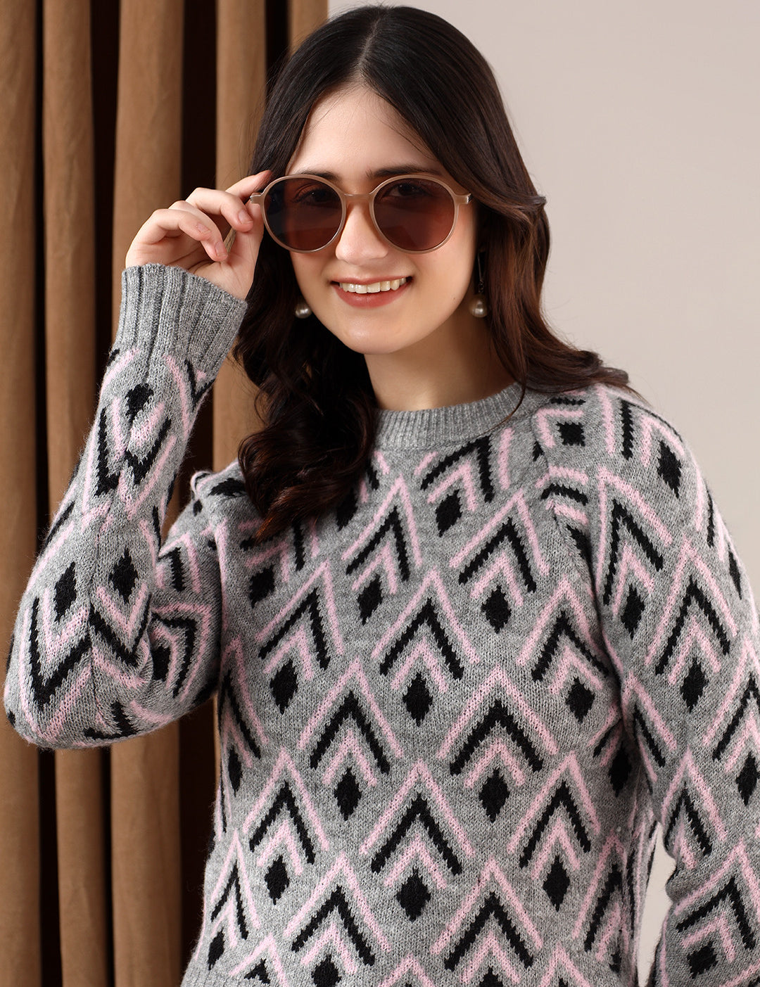 KOTTY Printed Round Neck Casual Women Multicolor Sweater 